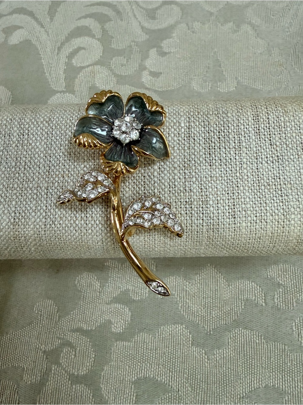 Vintage Nolan Miller Gray Enamel Crystal Flower Brooch
